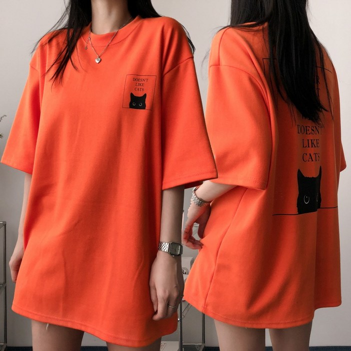 레이디스룸 국산 특양면 2XL 오버핏 고양이 프린팅 빅사이즈 박스 반팔 티셔츠