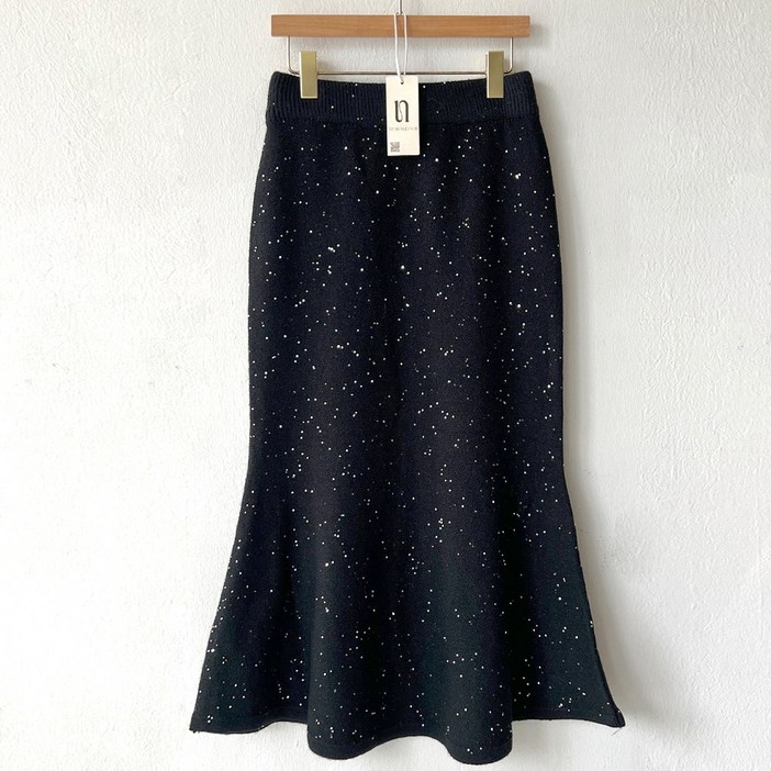 네모엔룩 블링슈가 여성용 머메이드 슬림라인 스팽글 반짝이 허리밴딩 롱 니트 스커트