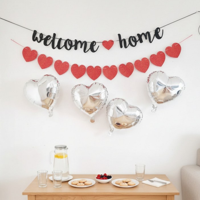 마이글로우 웰컴 홈 파티 가랜드 하트 가랜드 풍선 4p 세트, 1세트, 실버
