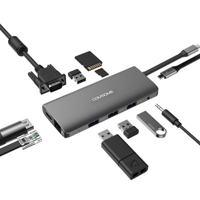 컴썸 C타입 HDMI 멀티 허브 HDMI 11 in 1 USB 3.0 CT110P 그레이 실버, SILVER, 1개
