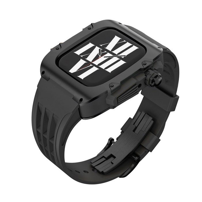 애차드밀 애플워치 호환 메탈 케이스 울트라 9 8 7 SE SE2 일체형 스트랩 명품 스테인리스 티타늄 밴드 줄질, 02.올블랙