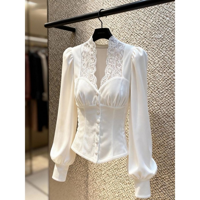 Seofst 여성 겨울 벨벳 레이스 배색 슬림핏 블라우스