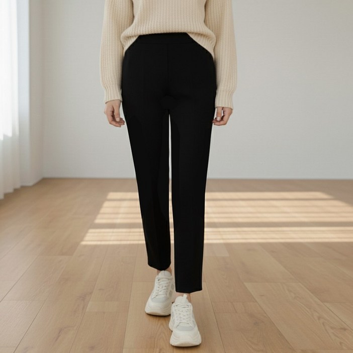 [기모 세미일자] 여성 겨울 도톰 베기핏 팬츠 에이플심플 융털 스판기모바지 블랙