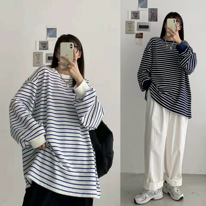 Asure 여성맨투맨 스트라이프 티셔츠 캐주얼 데일리룩,1+1