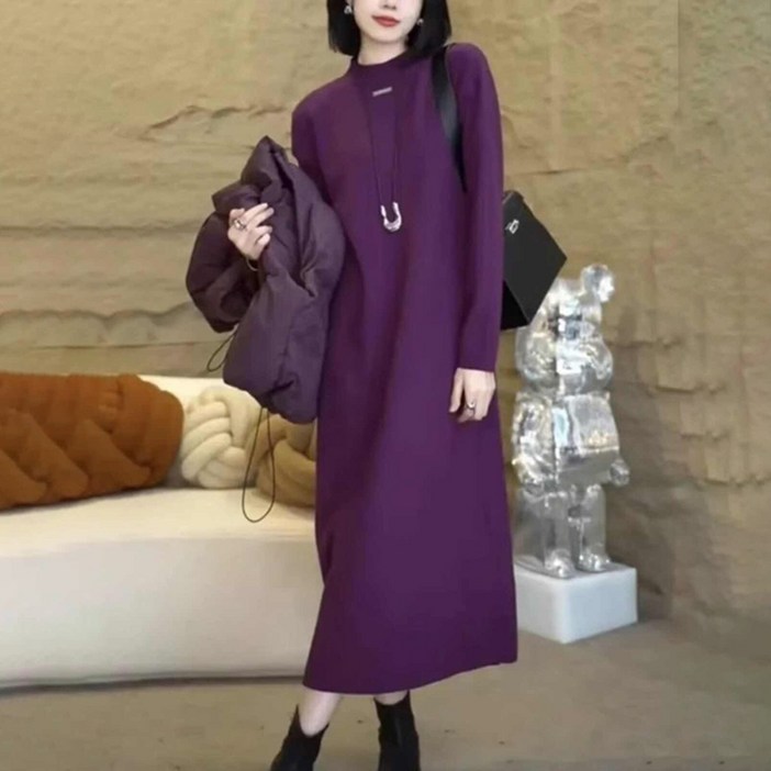 ORZQU 가을겨울 여성 캐주얼 솔리드 미니멀 반폴라 긴팔 미디 니트 원피스 오피스룩