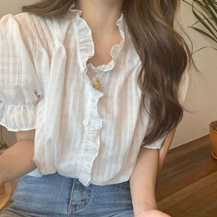 여름 얇은 러플 프릴 루즈핏 블라우스 거즈면 소재nog5+9rdn