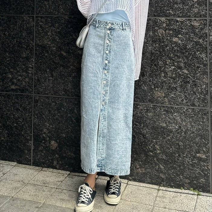 HIP39 단추 앞트임 데님스커트 롱청치마 004