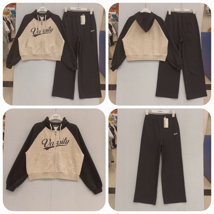 [에꼴리에] 24년 봄/가을! #대박 파격세일~ 후드집업 상하세트# 인기최고! 주니어 여아용! 멋스럽고 편안하며 활동적인 라글란 배색 크롭 후드점퍼+세미와이드 바지 셋업,세트