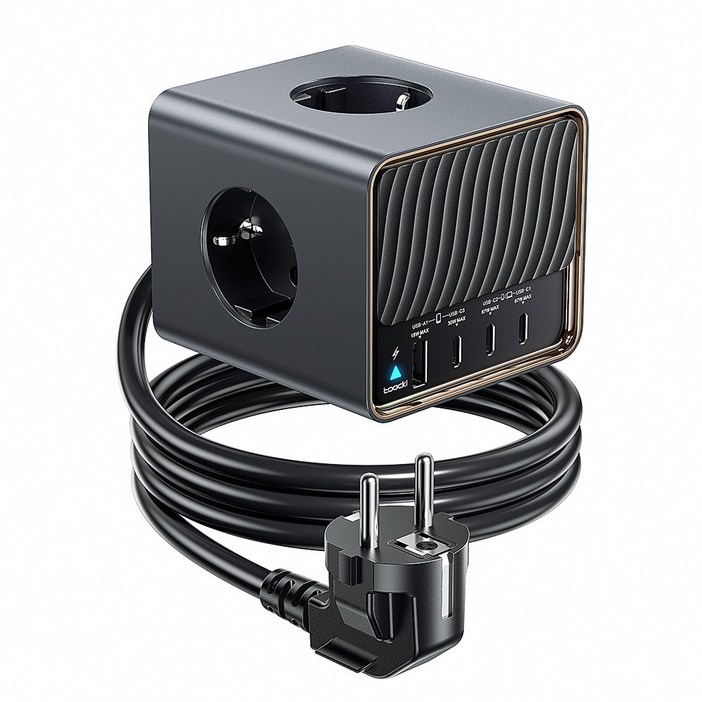 Toocki GaN PD 67W PPS 3C1A 4포트 3구 4000W 고용량 고속충전 큐브 멀티탭, 1개, 블랙, 2m