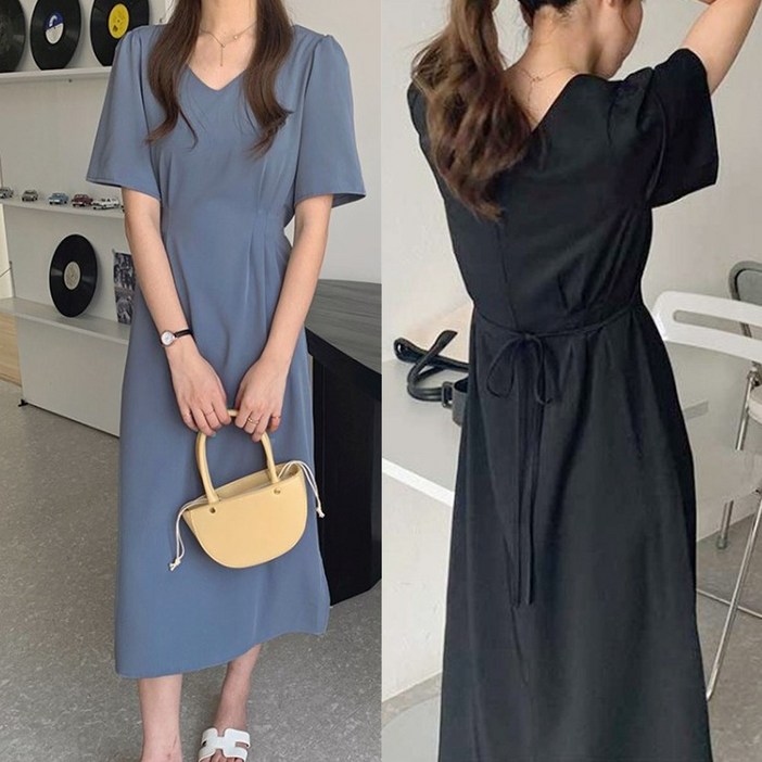 심플 브이넥 롱 원피스 러블리 퍼프 소매 여름 반팔