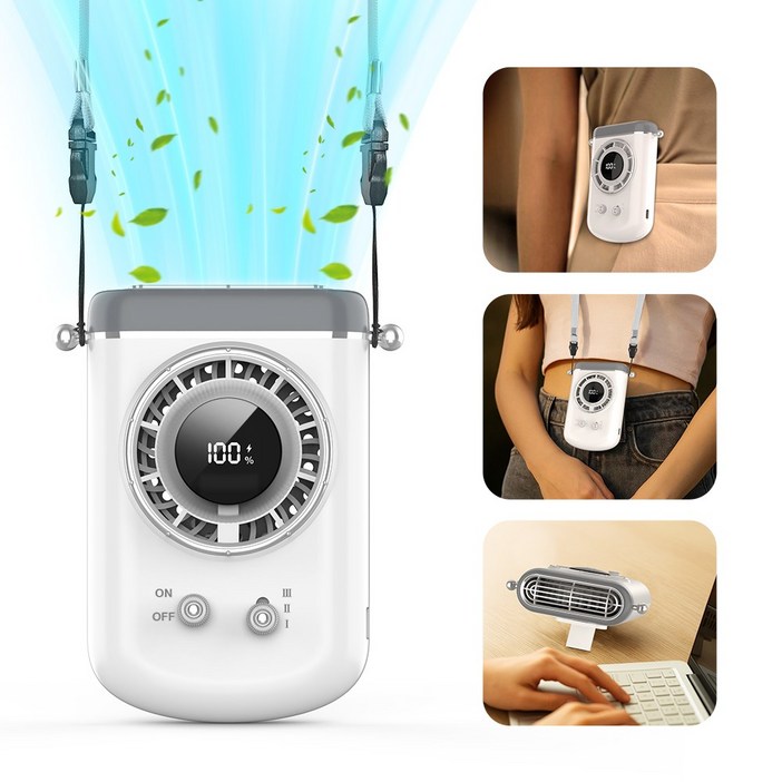 CCAGU 휴대용 목걸이 선풍기 usb 충전식 미니 탁상용 선풍기 2500mAh, 화이트