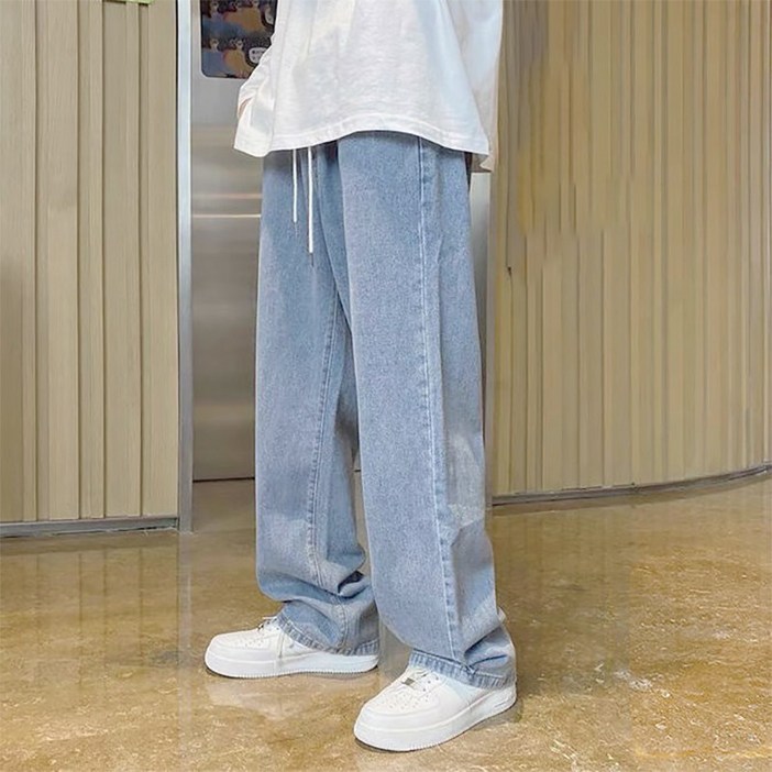 빈티지 스타일 레이스 업 스트레이트 청바지 남성용 하이 스트레치 루즈 캐주얼 퇴색 방지 남성용 와이드 팬츠