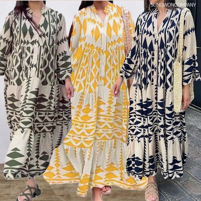 이너퀸 프리수 여성용 빅사이즈 롱 맥시 에스닉 기하학 다이아몬드 패턴 브이넥 캉캉 셔츠 버튼 단추 임부 임산부 수유 키큰녀 원피스 패턴롱원피스