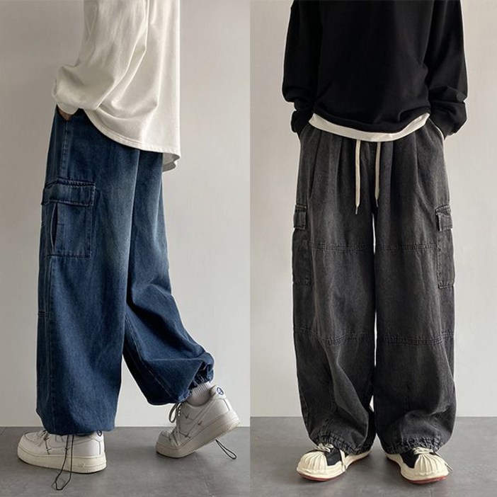 [당일발송] 남녀공용 핀턱 리얼 와이드 벌룬 카고 데님 밑단 스트링 청바지  (2COLOR / M-2XL)