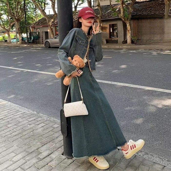 해피유통 여성 투피스세트 고급 쇼트 데님 코트 데님 롱 스커트 jhwj