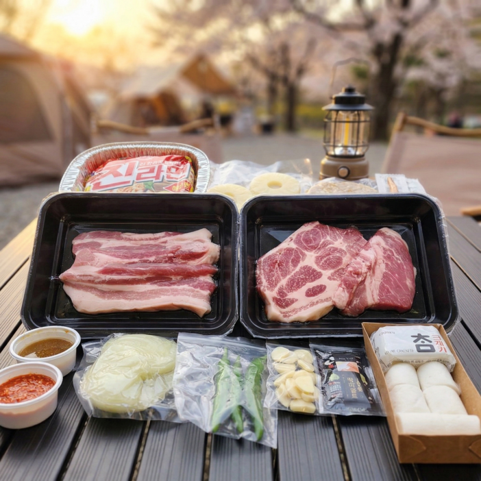 내일도착캠핑직송 더누렁소 캠핑 바베큐 세트 16종 풀패키지 한돈 삼겹살 목살 밀키트, 400g, 1세트