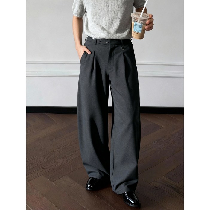 DANGZ 남자 플리츠 사계절 통넓은 정장바지 허리 조절 캐주얼