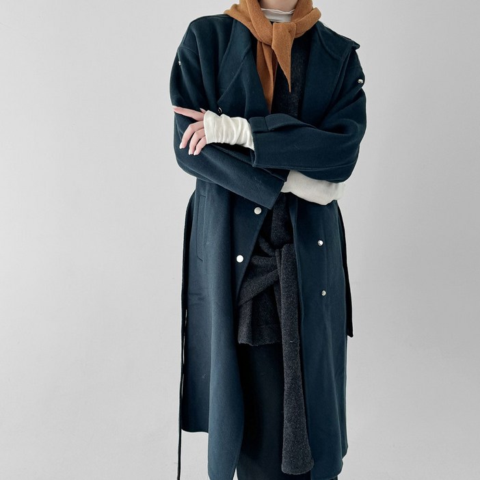 울100% 하이넥 스톤 핸드메이드 롱코트