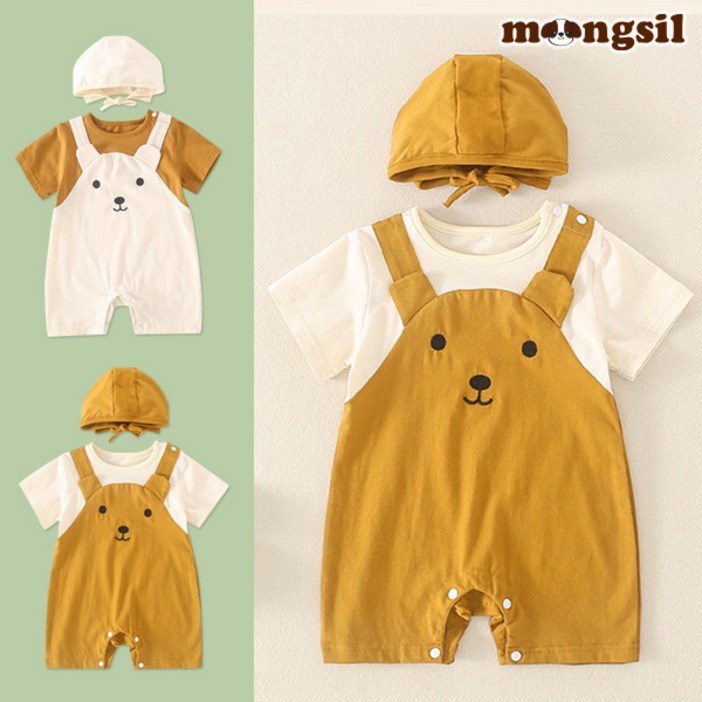 몽실이 곰돌이 멜빵 반팔우주복 보넷세트 여름 유아 베이비 외출복 점프슈트 남아 여아