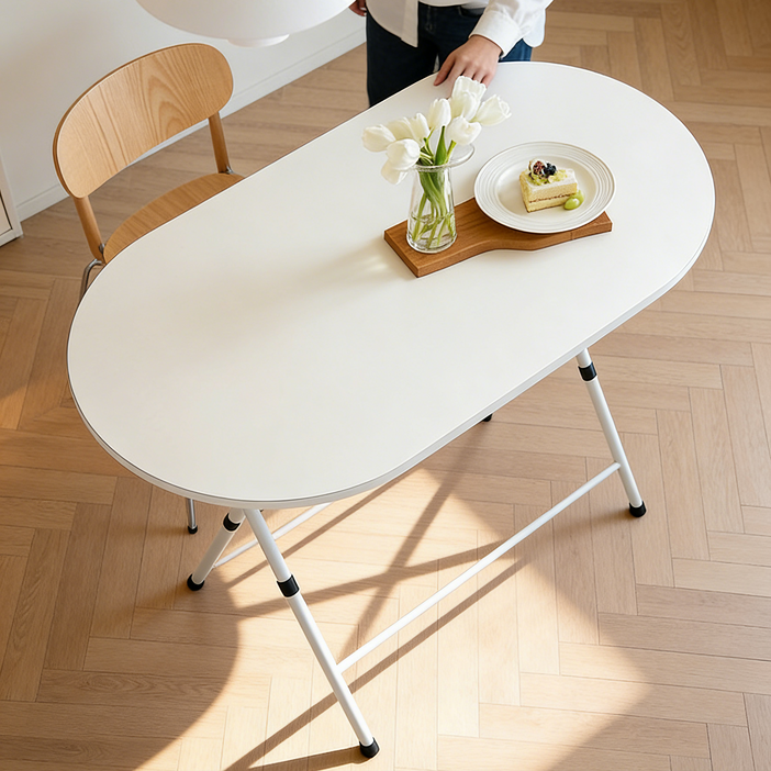 페이머로 높이조절 접이식 테이블 타원 식탁 공간활용 다용도 테이블, 화이트, 2인용
