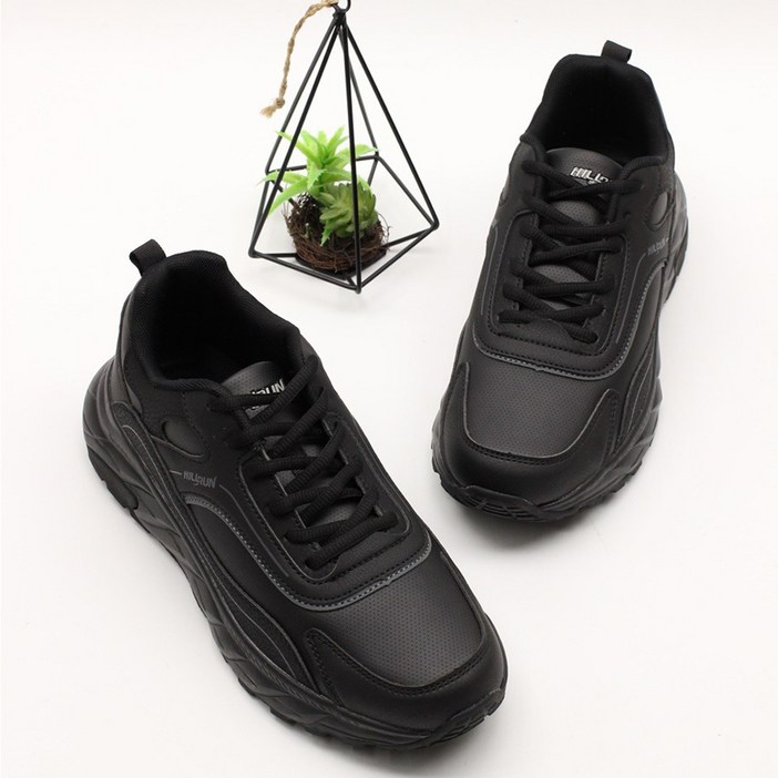 완우유통 남성 올블랙 코팅가죽 방수기능 운동화 캐주얼화 WH907P