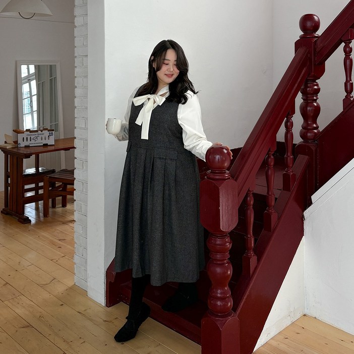 55110격식룩 헤링본 플리츠 뷔스티에 원피스 여성 빅사이즈 여자 플러스사이즈 어거스트플랜