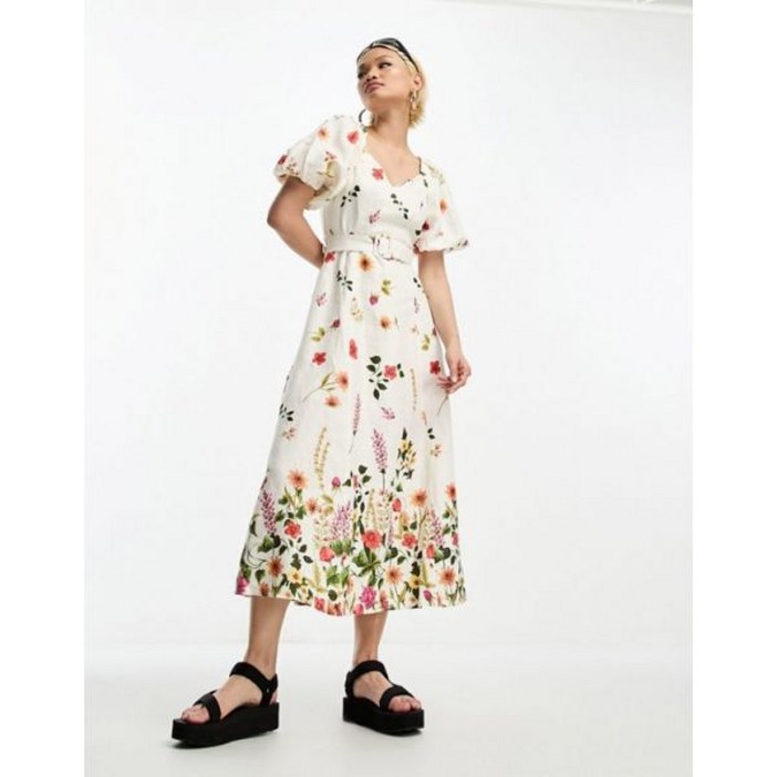  Other Stories 앤아더스토리즈 플로럴 벨트 퍼프 리넨 미디 드레스 132566