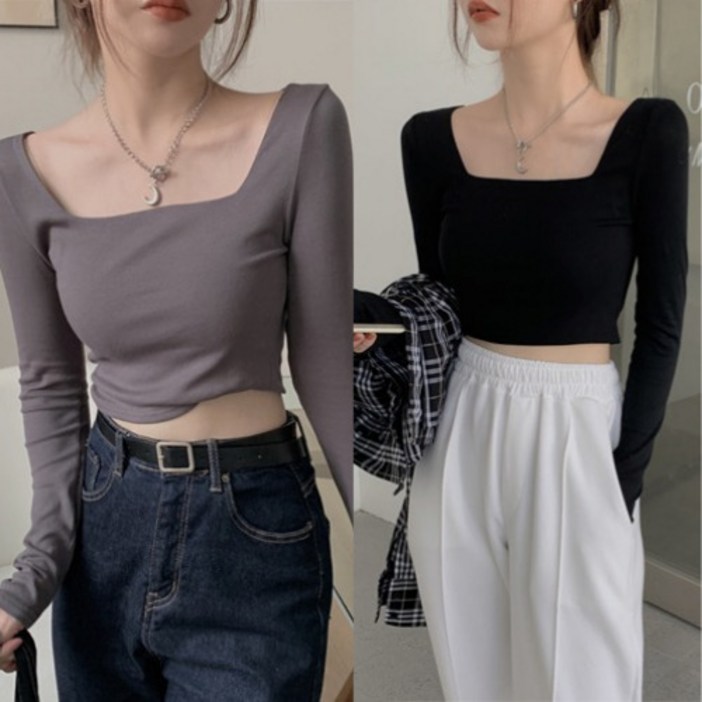 에르모소 11 여성 스퀘어넥 크롭 긴팔 티셔츠 여름 사계절 크롭티 HC035