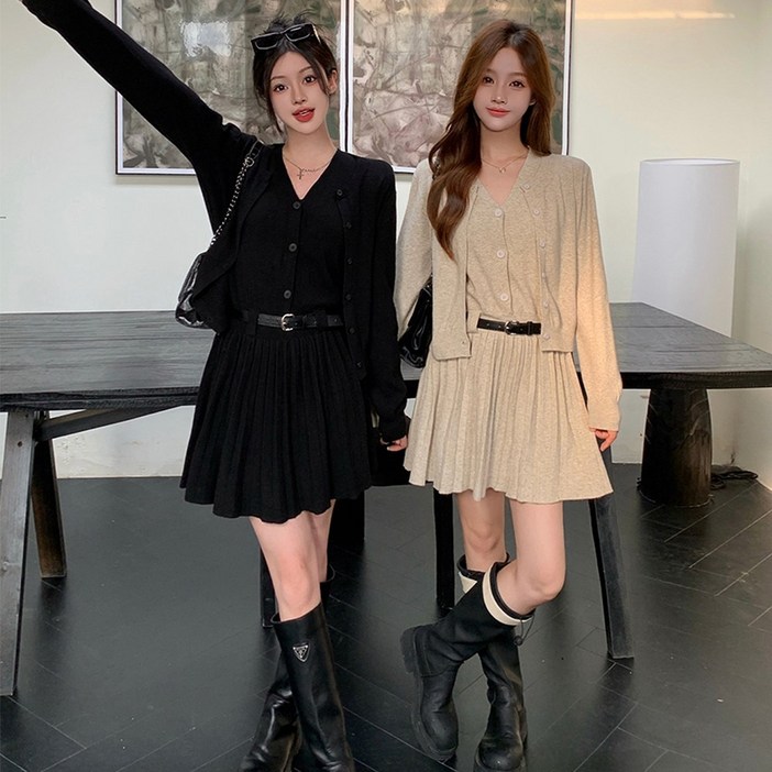 Yumico 여성 하객룩 니트 투피스 플리츠 치마세트 빅사이즈 고급 가을 가디건 니트 플레어 원피스 체형커버 투피스 면접룩 오피스룩