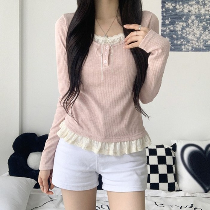 남심저격4col 샤인 리본 프릴 레이스 레이어드 골지 티셔츠