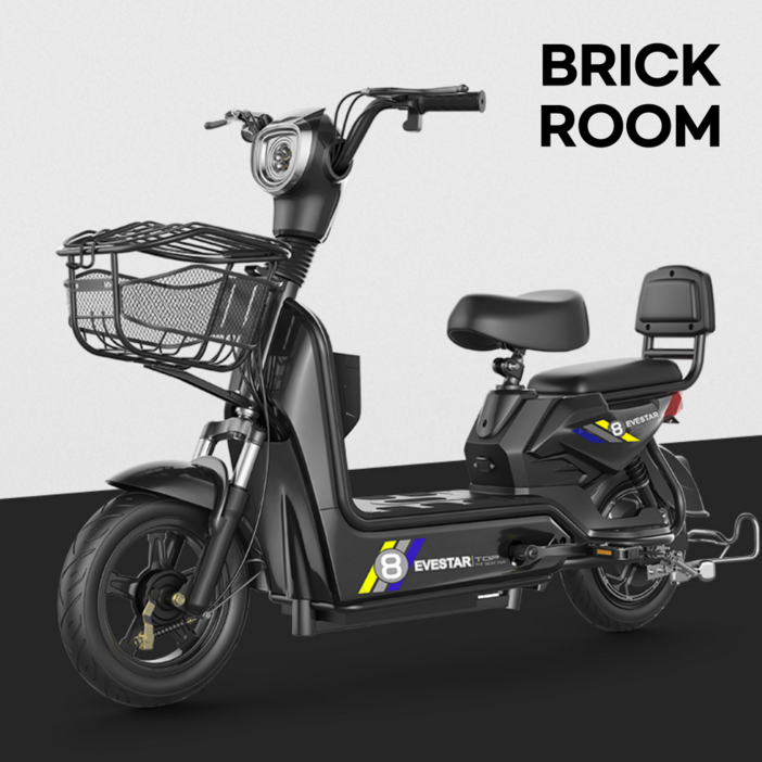 BRICKROOM 3세대 전기 스쿠터 자토바이 전동 출퇴근 팻바이크 2인용 자전거 배터리 분리형, 블랙, 14A납산(65km일체형)
