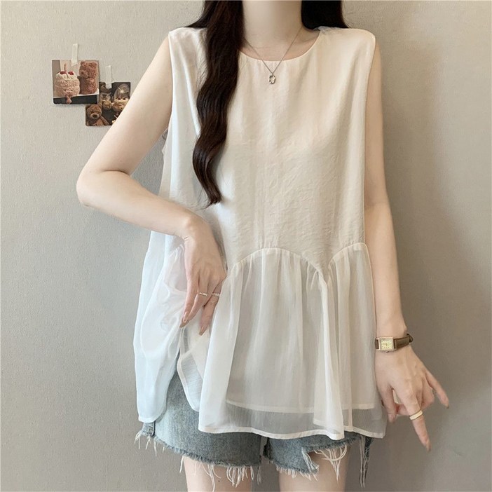 SELEAD 여성민소매블라우스 슬리브리스탑 플리츠티셔츠 민소매티셔츠 허리프릴블라우스 쿨티셔츠