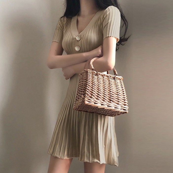 대박난박양 골지 버튼 반팔 원피스