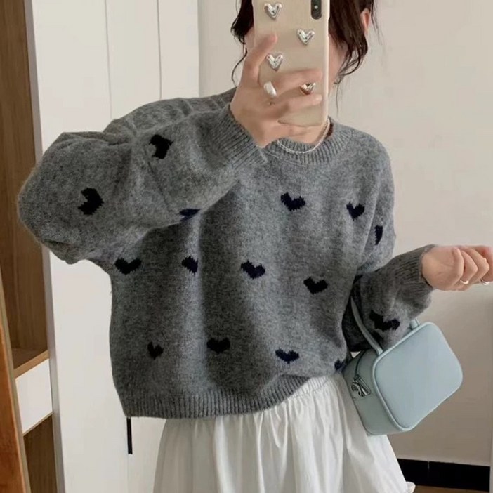 cammello 여성 하트패턴 루즈핏 니트 티셔츠 데일리 긴팔 스웨터 니트티
