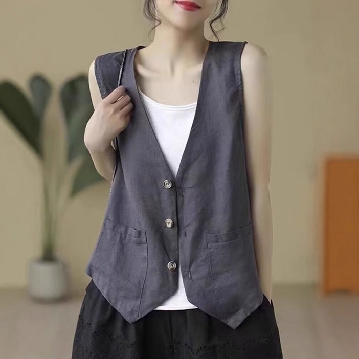 여름 여성 조끼 얇은 레이어드 빈티지 포켓 브이넥 숏 솔리드 오버핏 빅사이즈 베이직 캐주얼 민소매 베스트 여름 여성 조끼 얇은 레이어드 빈티지 포켓 브이넥 숏 솔리드 오버핏 빅사이즈 베이직 캐주얼 민소매 베스트