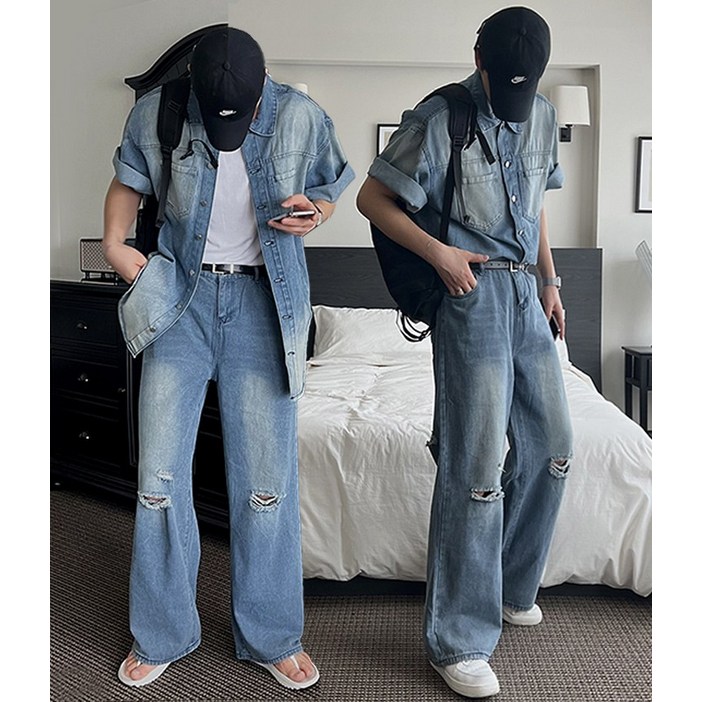 [SET/추가금X] 웨더 오버핏 포켓 데님 반팔 셔츠 + 찢청 와이드 데님 팬츠 청바지 여름 청청 셋업