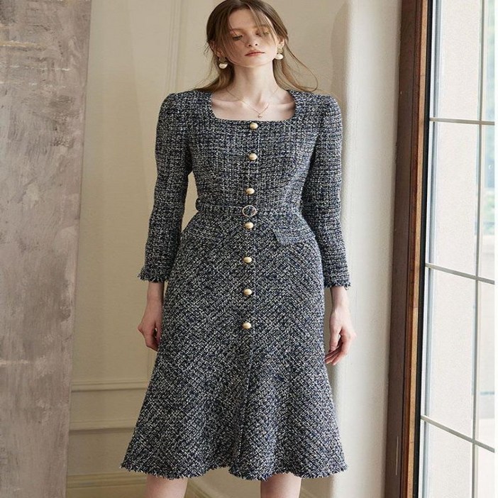 COSYEVNO 트위드 원피스 겨울 봄과 겨울 슬림핏 스퀘어넥 롱스커트