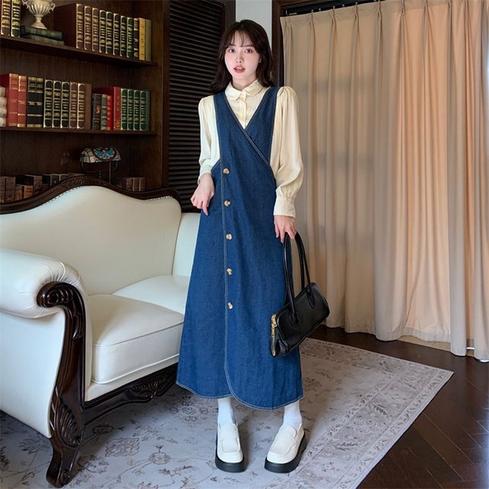 고급진 프렌치 교체로 데님 멜빵 원피스 가을겨울 빅사이즈 허리조임 슬림 청치마
