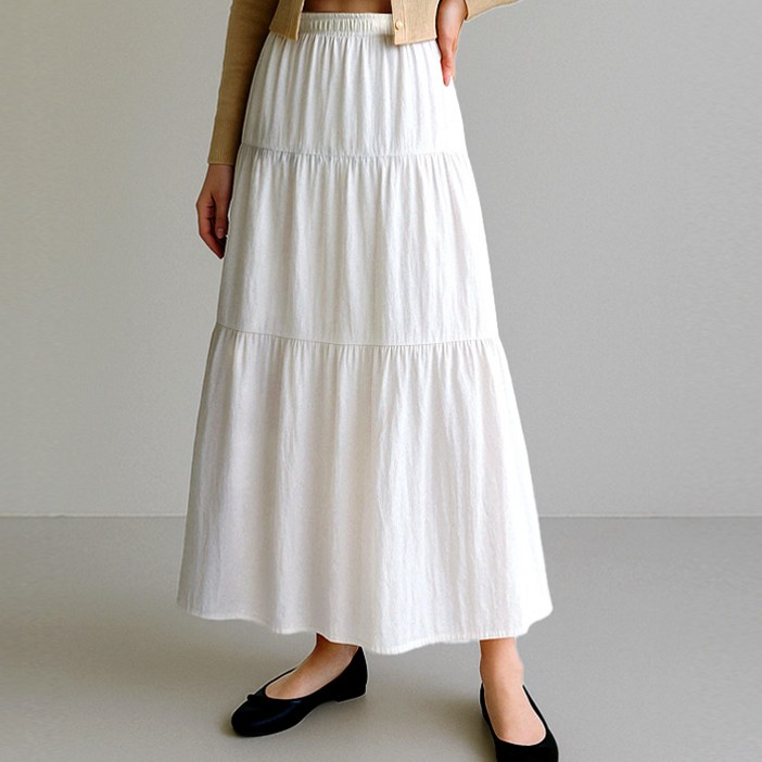 스토리원 여성 삼단 셔링 밴딩 롱 스커트 치마 WM-SSSK005