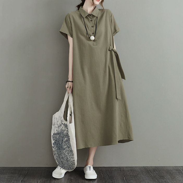 NUNUHANA 여성 루즈핏 면마 반팔 롱원피스