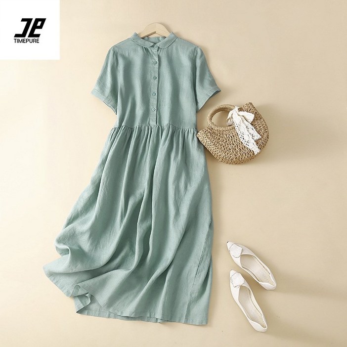 여성 시원 편안 면 마 소재 오버핏 A라인 롱 원피스 캐주얼한 디자인 봄 여름 가을 매력 반팔 스타일 활동적 일상 생활 안성맞춤 새로운 시즌스타일링