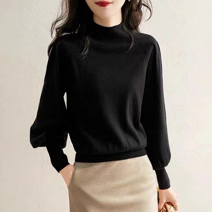 르보에 퍼프소매 셔링 반목 반폴라 니트 티셔츠