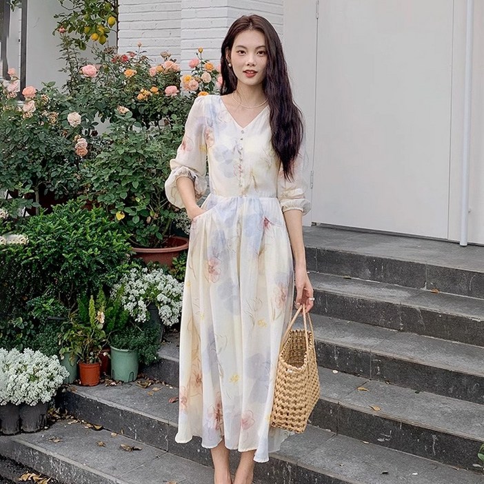 Titikong 여성용 플라워 쉬폰 우아한 브이넥 허리 라인 슬림 롱원피스