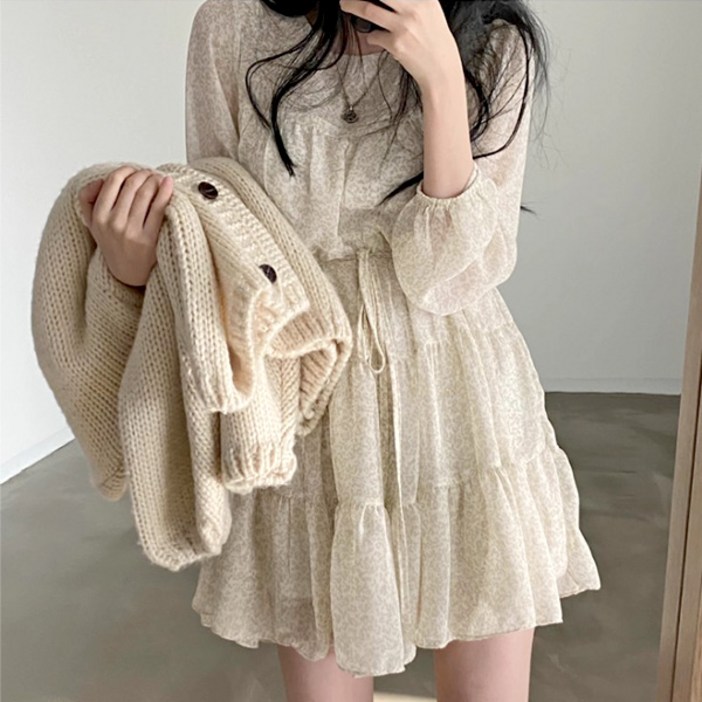 라라홀리 러블리 레오 패턴 허리끈 셔링 쉬폰 플레어  긴팔 원피스