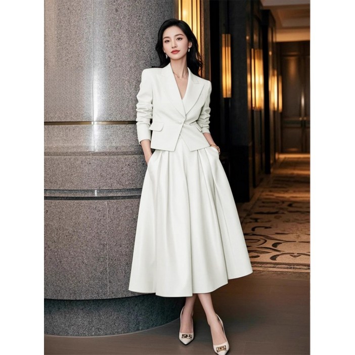 해피유통  봄 오피스룩 세트 정장 코트+스커트 투피스 고급 통근 세트 스커트 여성 패션 세트 BJJ001