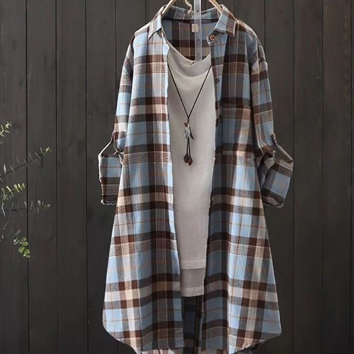 지고다그 간절기용 여성용 체크 롱 셔츠 루즈핏 캐주얼 긴팔 외투형 셔츠 상의 ZK6217