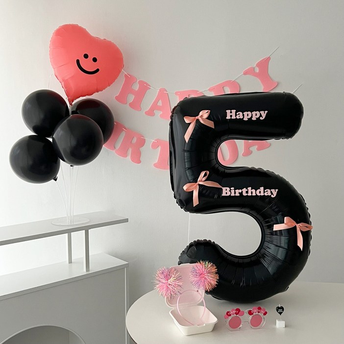 하피블리 레터링 가랜드 블랙 숫자풍선 생일 파티 용품 세트, 핑크