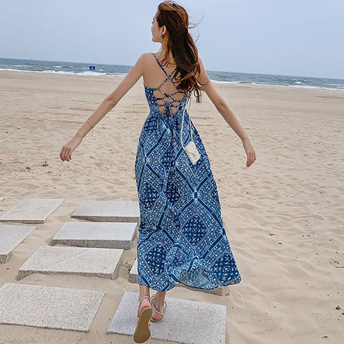 ORZQU 여성 여름원피스 블루 루즈핏  바캉스룩 롱원피스 나시 비치웨어 비치원피스