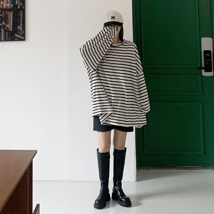 애플망고옷장 여성 빅사이즈 오버핏 긴팔 벌룬 단가라 간절기 롱박스 티셔츠 애플망고옷장 여성 빅사이즈 오버핏 긴팔 벌룬 단가라 간절기 롱박스 티셔츠