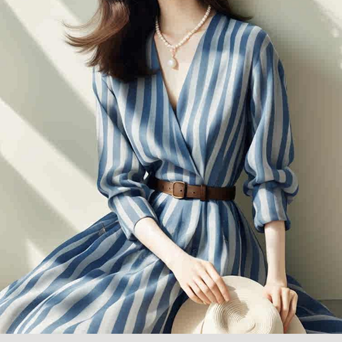 AOKADA 여성 봄 가을 브이넥 스트라이프 하객룩 오피스룩 밸트 롱 셔츠 원피스